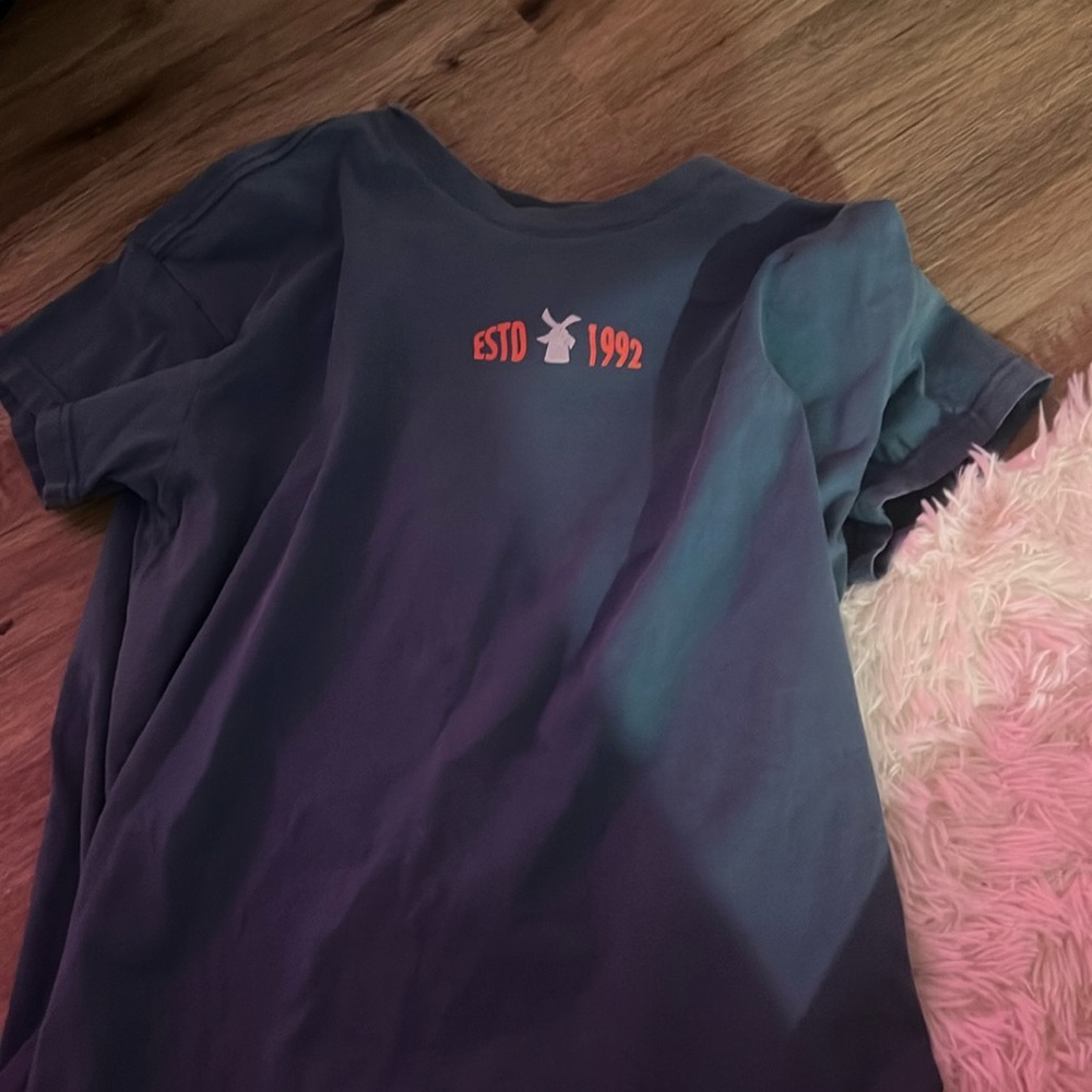 Dutch bros shirt blue with pink and white writing
